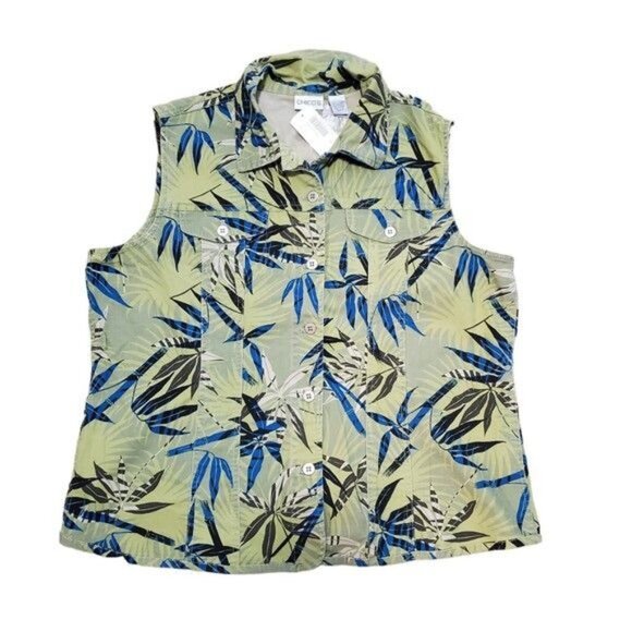 Chico's Button Up Vest Olive Khaki Green Bamboo Leaf Tropical Print Sz 3/16 NWT - Picture 2 of 11